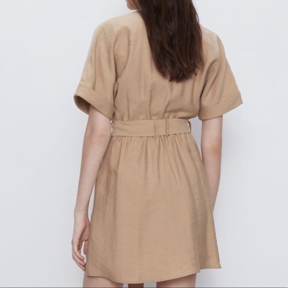 SOLD NWT Zara Tan Mini Belted Button Up Dress - Picture 2 of 6